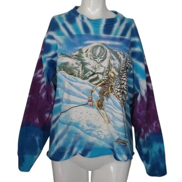 Vtg GRATEFUL DEAD Cropped Tee, L, Blue Tie-dye, Long sleeve, Skiing Skeleton - Picture 11 of 15